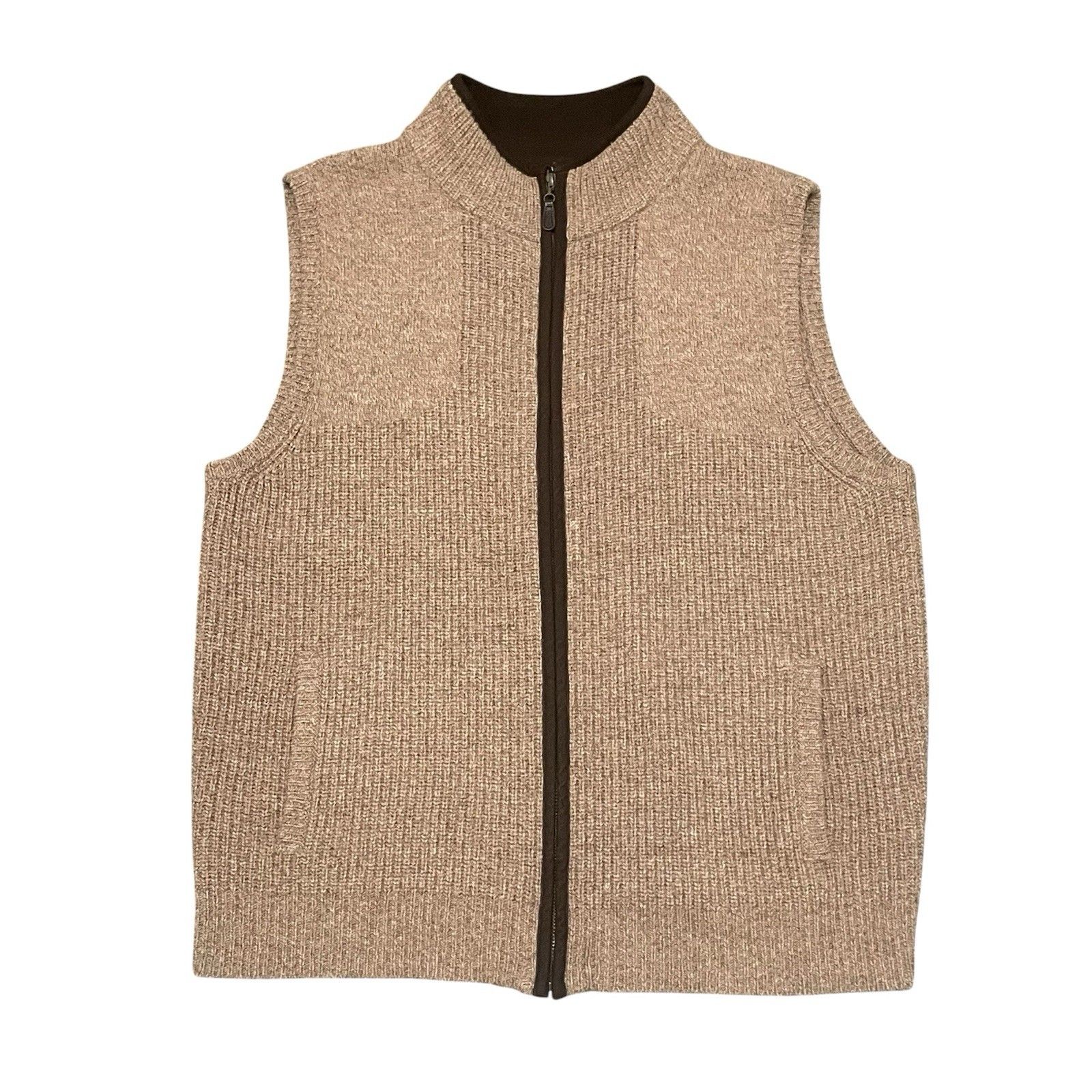 Ll Bean Sweater Vest Mens L-Reg Brown Sable Wool Waterfowl Full Zip Knit Jacket